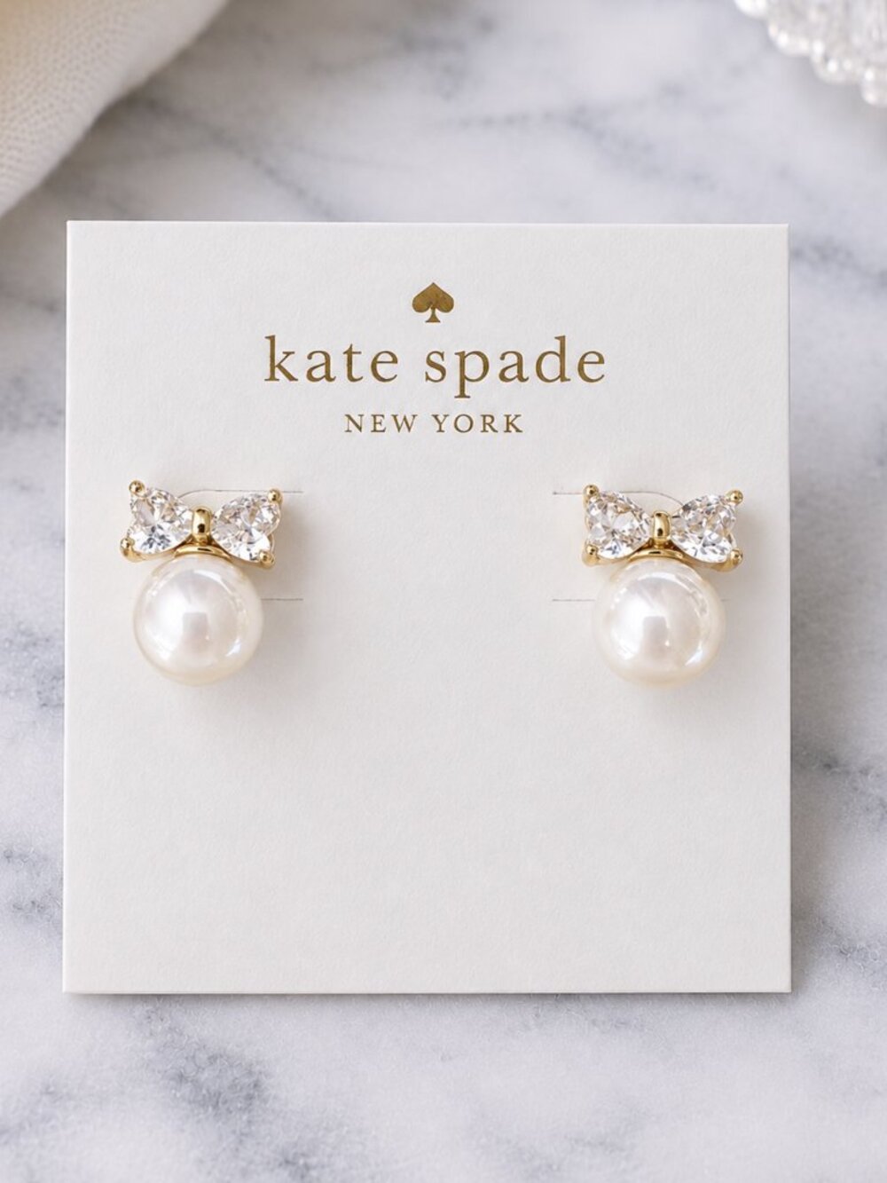 Kate Spade Crystal Bow Pearl Drop Earrings Gold Bridal Coquette